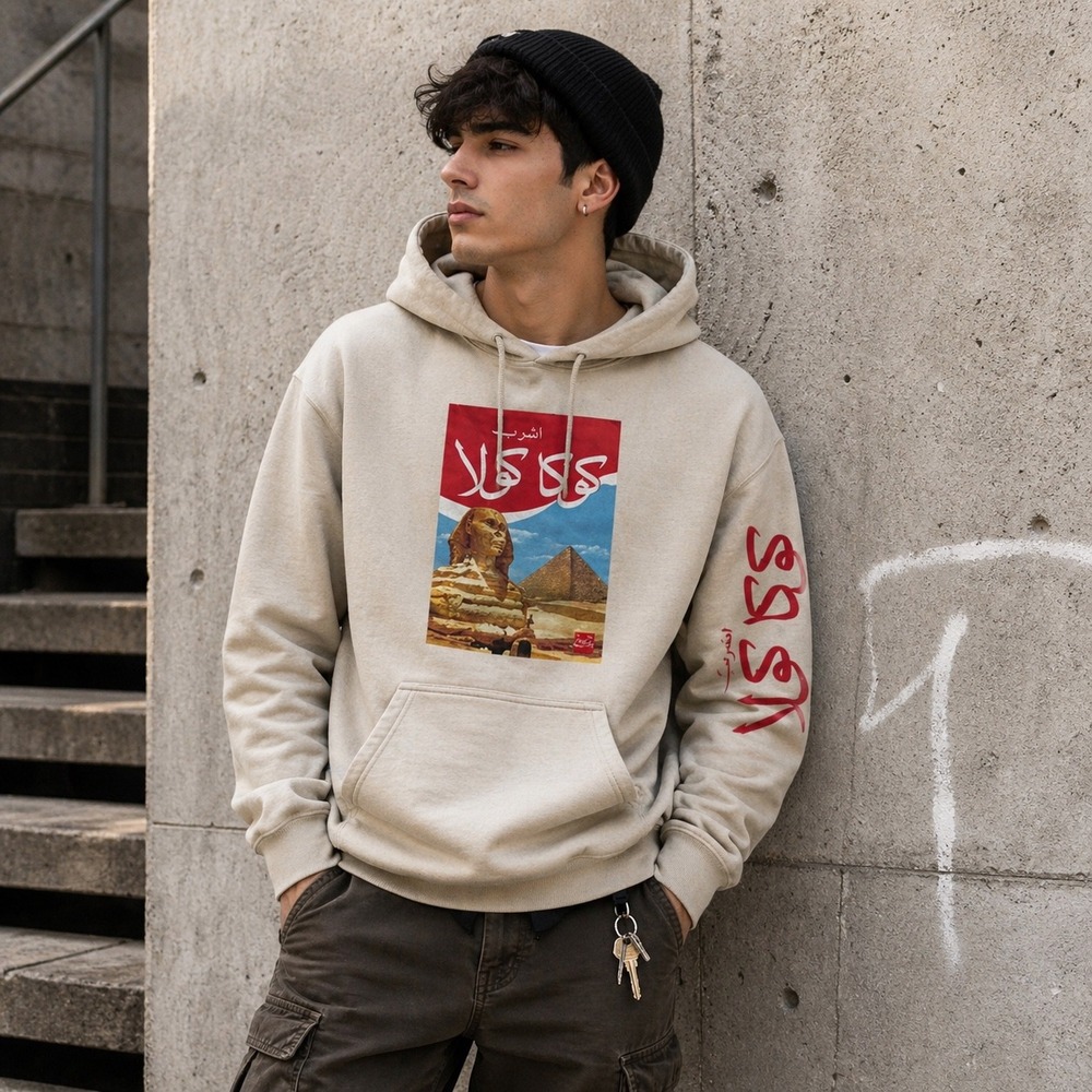Coca Cola Egypt Sphinx Hoodie Arabic Script Graphic Beige Sand Mens M Streetwear